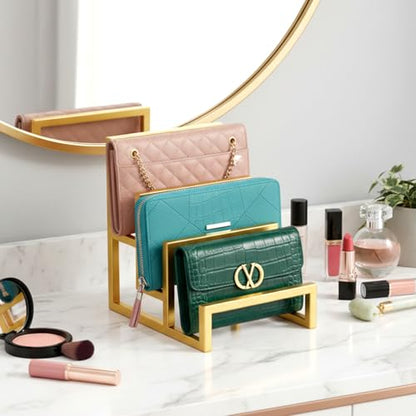 2 Pack Purse Organizer for Closet Display, 3 Layer Gold Wallet Display Riser Stand Clutch Purse Organizer Metal Wallet Rack for Handbag Home Retail Boutique Store Supplies