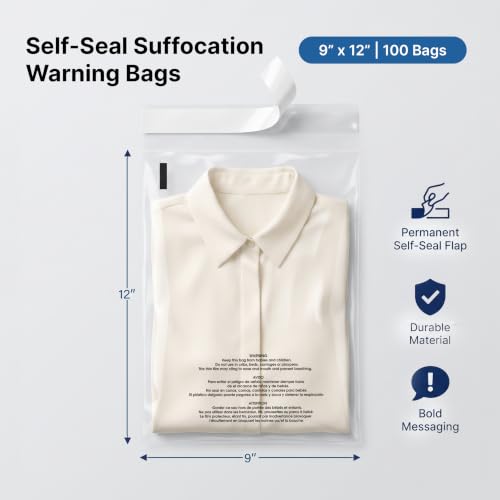 9" X 12" (100 Count) Self Seal Clear Poly Bags with Suffocation Warning - size: 9" X 12"