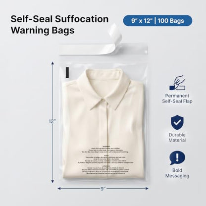 9" X 12" (100 Count) Self Seal Clear Poly Bags with Suffocation Warning - size: 9" X 12"