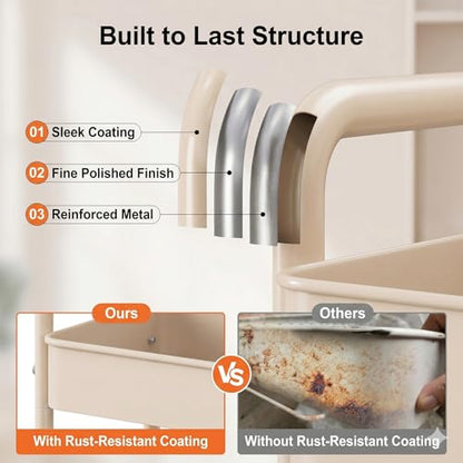 2 Tier Small Rolling Cart Metal with Wheels, 22 Inch Beige Under Desk Carts - color: Gentle‌ Beige, size: 2 Tier + Cups + Hooks