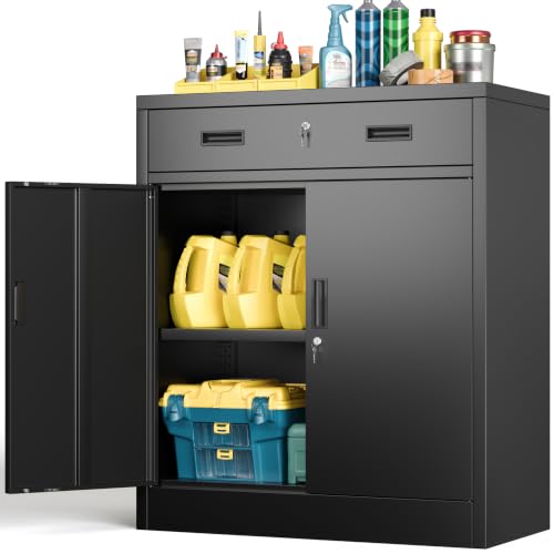 BESFUR Metal Storage Cabinet with Doors and Shelves, 36" H Locking Storage Cabinet with 1 Drawers, Reinforced Heavy Duty Metal Cabinets for Garage, Office, Home(Black) - color: Black, size: 36" H x 28" W x 16" D
