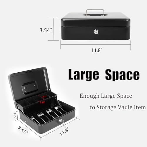 Cash Box with Money Tray and Key Lock, Saving Lock Box with Money Tray Storage for Cash Register 11.8"x9.45"x3.54" Black XL Large - color: Black key lock