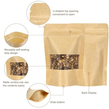 50 Pack Kraft Resealable Bags with Window for Storage (4 x 6.5 Inches) - size: 4 x 6.5 Inches