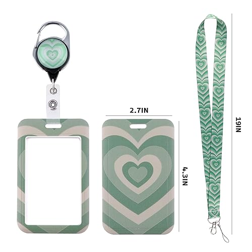 Cute Green Heart Lanyard with ID Badge Holder Retractable Reel Clip Aesthetic Valentines Girls Women Lanyard with ID Card Holder for Keys Preppy Neck Lanyard for School Office - color: Green Heart