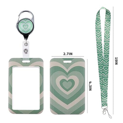 Cute Green Heart Lanyard with ID Badge Holder Retractable Reel Clip Aesthetic Valentines Girls Women Lanyard with ID Card Holder for Keys Preppy Neck Lanyard for School Office - color: Green Heart
