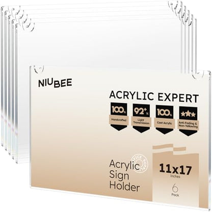 NIUBEE Acrylic Sign Holder 11x17 Horizontal 6 Packs - size: Horizontal 6 Pack 11" x 17"