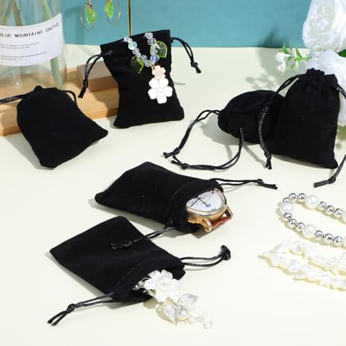 100pcs Black Velvet Drawstring Jewelry Pouches, 4” x 4.8” Small Gift Bags for Wedding Favors, Jewelry Storage, Party Treats & Travel Organizer