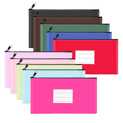 10-Pack Money Bags with Zipper, PU Leather Cash Pouches with Label, 11 x 6 Inches, Bank Deposit Bag for Coins, Bills, Checks, Invoices, Cosmetics, Tools, 10 colors - color: 10 Mixed