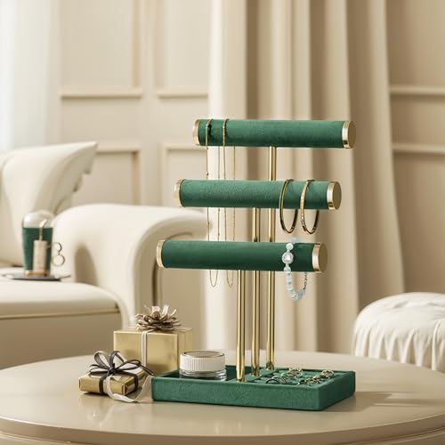 Jewelry Organizer Stand Display, 3 Tier Velvet Bracelet Holder, Green - color: Dark Green, size: Standard