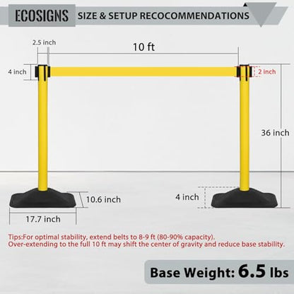 ECOSlGNS 4 Pack Heavy Duty Crowd Control Stanchions for Banks, Events, Retail with 10ft Retractable Belt, Non-Slip Weighted Rubber Base (Yellow) - color: Yellow, size: Rectangle Base - 4 Pack
