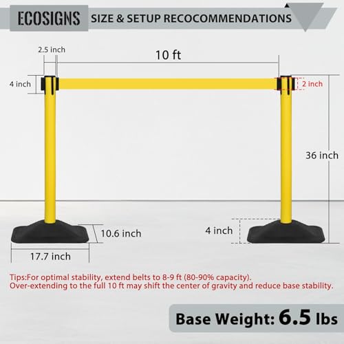 ECOSlGNS 8 Pack Heavy Duty Crowd Control Stanchions for Banks, Events, Retail with 10ft Retractable Belt, Non-Slip Weighted Rubber Base (Yellow) - color: Yellow, size: Rectangle Base - 8 Pack