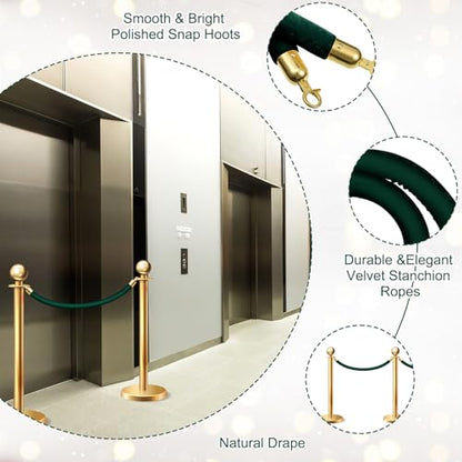 Fumete 6 Pcs Velvet Rope 4 Feet with Gold Hook Crowd Control, Dark Green - color: Dark green