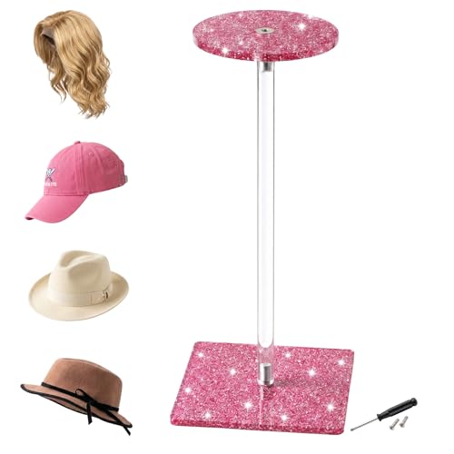 Glitter Pink Acrylic Wig Stand 30cm, Medium Flat Top Tabletop Hat Display Stand for Wigs, Baseball Caps, Fedoras & Lightweight Hats, Sparkle Holder for Vanity, Salon, Boutique - size: Glitter Pink-12Inch-M