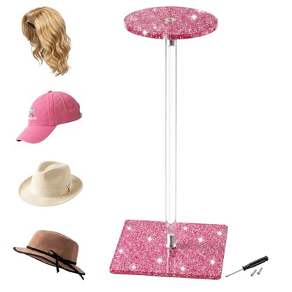 Glitter Pink Acrylic Wig Stand 30cm, Medium Flat Top Tabletop Hat Display Stand for Wigs, Baseball Caps, Fedoras & Lightweight Hats, Sparkle Holder for Vanity, Salon, Boutique - size: Glitter Pink-12Inch-M