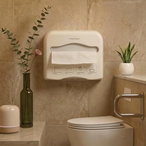 Commercial Toilet Seat Cover Dispenser Wall Mounted No Drilling Toilet Tissue Cover Holder with Key Lock & Keyless Access, High Impact ABS Plastic for Public Restrooms (White)
