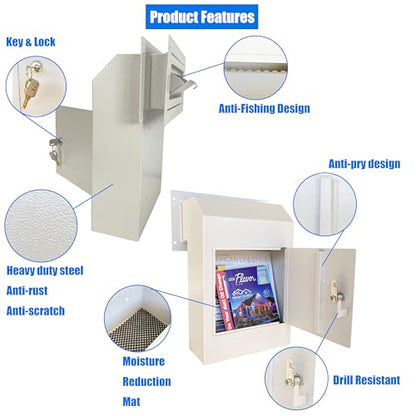 Locking Door Drop Box, Anti-Fishing Mail Slot with Rear Access - color: White, size: Medium