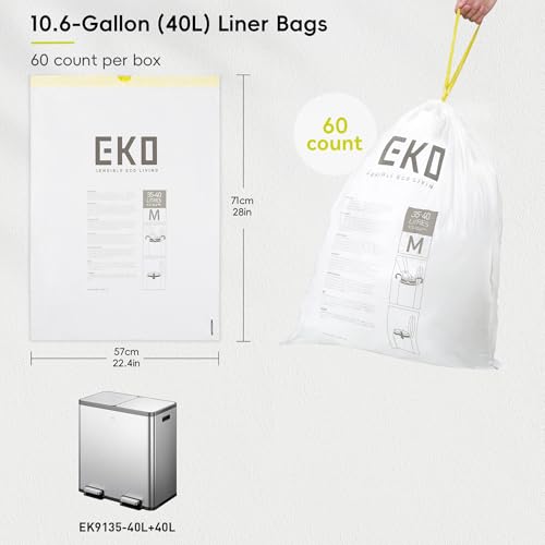 EKO 10.6 Gallon / 35–40 Liter Drawstring Trash Bags, 60 Count Heavy-Duty Tall Kitchen Garbage Can Liners, Extra-Strong Leak-Resistant, Unscented, White, Code M - size: 60 Count (Pack of 1), style: 10.6 Gallon Bags/Code M