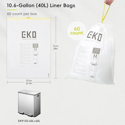 EKO 10.6 Gallon / 35–40 Liter Drawstring Trash Bags, 60 Count Heavy-Duty Tall Kitchen Garbage Can Liners, Extra-Strong Leak-Resistant, Unscented, White, Code M - size: 60 Count (Pack of 1), style: 10.6 Gallon Bags/Code M