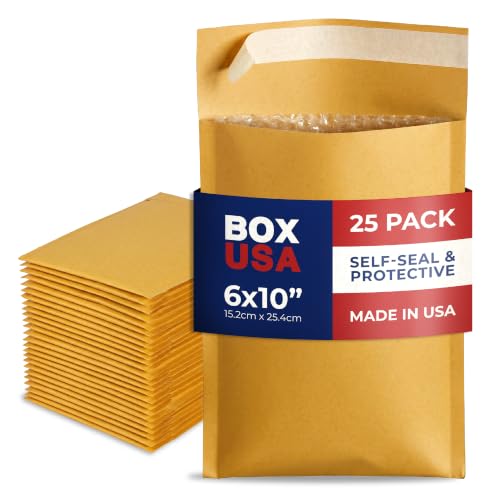 BOX USA 6" x 10" Kraft Bubble Mailers, Open End, Padded Envelopes, Use Tape, Staples, or Heat-Seal to Close, Case of 25 - size: 6X10" (25-Pack)