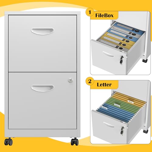 SteeLoong 2 Drawer File Cabinet,Metal Mobile File Cabinet with Lock White - color: White, style: 2 Drawer on Wheels
