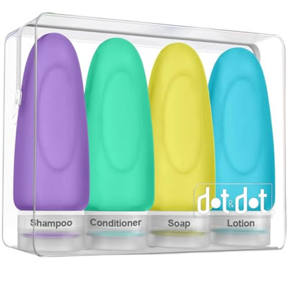 Dot&Dot Leak Proof Travel Bottles - Tubes for Liquid TSA Approved 3oz Silicone Toiletries Travel Shampoo & Conditioner Containers with Labels - color: 4pc 3 oz - Violet/Green/Yellow/Blue