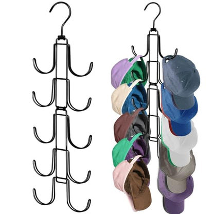 Hat Organizer for Closet: Collapsible Caps Rack with 10 Large Hooks - color: Black