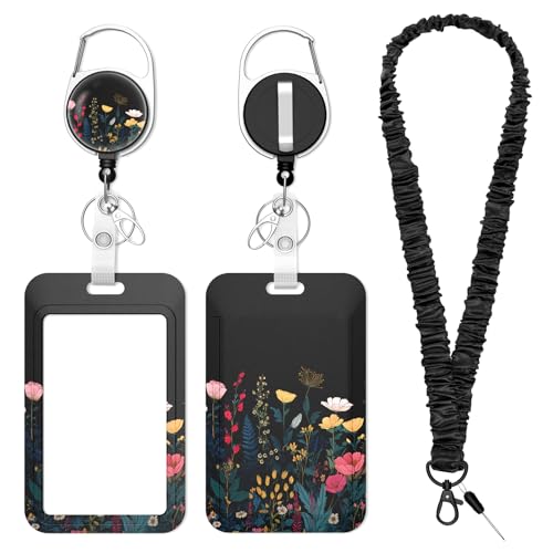 3 Pack ID Card Holder with Detachable Lanyard, Black Flowers - color: Black Flowers