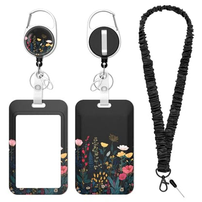 3 Pack ID Card Holder with Detachable Lanyard, Black Flowers - color: Black Flowers