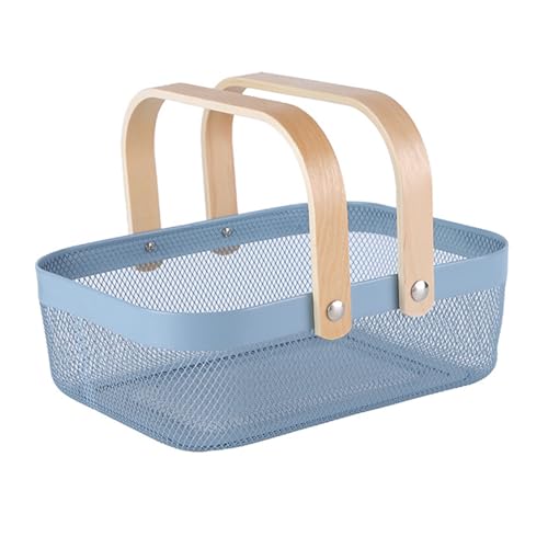 AJIODA Metal Mesh Steel Basket, Storage Organizer Baskets Garden Harvest Basket Multi-functional Kitchen Fruit Baskets Bin with Wooden Handle for Bathroom Picnic Shopping Decor Cabinet Home, Blue - color: Blue