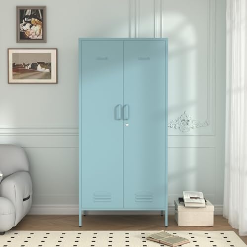 Metal Armoire Wardrobe Closet, 67" Tall Blue Lockable Wardrobe Cabinet with 2 Doors, Hanging Rod and Adjustable Shelves, Steel Clothing Storage Cabinet for Bedroom, Home, Cloak Room, Gym, Office - color: Ocean, style: Wardrobe-67"H-JS
