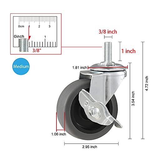 Caster Wheels, 3" Locking Swivel Threaded Stem Casters Set with Brake of 8 - color: Grey, size: Grey-8pack