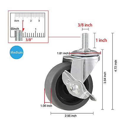 Caster Wheels, 3" Locking Swivel Threaded Stem Casters Set with Brake of 8 - color: Grey, size: Grey-8pack