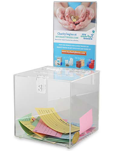 Comment and Suggestion Box Charity Collection and Ticket Raffle Box Acrylic tip jar with Lock and Display Area Insert plexiglass Donation Box with Slot (Clear 6.25" X 6.25") - color: Medium Square Shaped Box