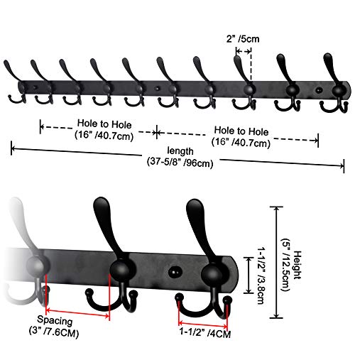 Dseap Coat Rack Wall Mount - 38” Long 10-Tri-Hooks Heavy Duty Coat Hanger Rail Wall Hooks for Hanging Coats Hats Clothing Clothes Purse Mudroom Entryway, Black - color: Black, size: L=38” (1 Pcs)