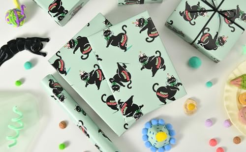 Sikiweiter Funny Black Cat Birthday Wrapping Paper Roll, 17 Inch x 16.5 Feet, Gift Wrap with Happy Birthday Text, Mint Green Background, Fun Kitty Birthday Paper(Funny Black Cat Birthday) - color: Funny Black Cat Birthday