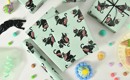 Sikiweiter Funny Black Cat Birthday Wrapping Paper Roll, 17 Inch x 16.5 Feet, Gift Wrap with Happy Birthday Text, Mint Green Background, Fun Kitty Birthday Paper(Funny Black Cat Birthday) - color: Funny Black Cat Birthday