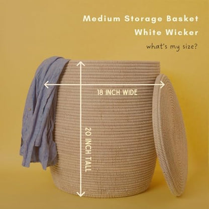 Laundry Basket with Lid and Handles, White Wicker Basket for Storage, 20 Inch Tall, 18 Inch Wide - size: 18" Wide Medium