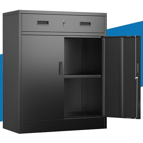 Metal Storage Cabinet, 36" Locking Cabinet with 1 Drawer & Shelves - color: Black, size: 36"H×28"W×16"D-1Drawer