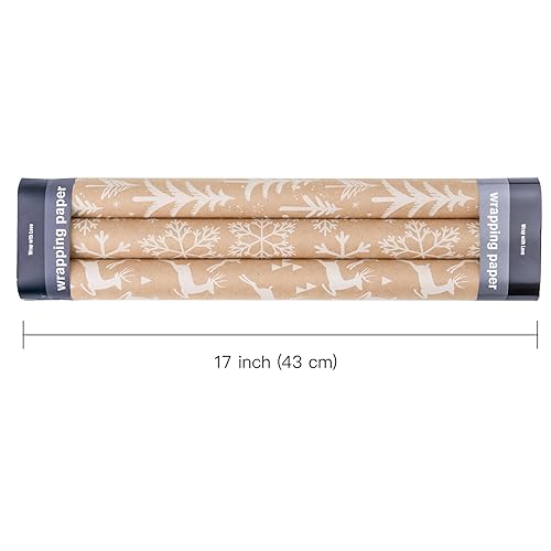 WRAPAHOLIC Kraft Christmas Wrapping Paper Roll - Mini Roll - 3 Rolls - 17 Inch X 120 Inch Per Roll - White Christmas Tree, Reindeer, Snowflake Holiday Collection - color: Kraft - White
