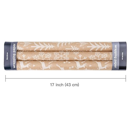 WRAPAHOLIC Kraft Christmas Wrapping Paper Roll - Mini Roll - 3 Rolls - 17 Inch X 120 Inch Per Roll - White Christmas Tree, Reindeer, Snowflake Holiday Collection - color: Kraft - White
