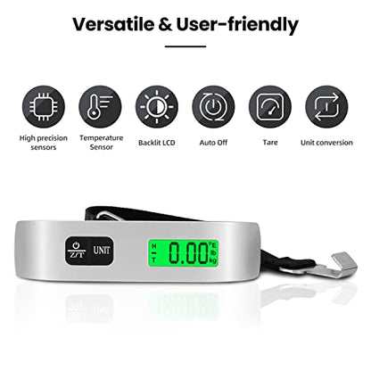 BAGAIL Digital Luggage Scale, 110lbs Hanging Baggage Scale with Backlit LCD Display, Portable Suitcase Weighing Scale, Travel Luggage Weight Scale with Hook, Strong Straps for Travelers - color: Ash Silver