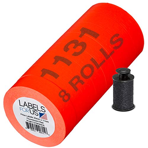 Labels for Monarch 1131 Labeler - Fluorescent Red - 20,000 Labels - Pack with 8 Rolls - Ink Roller Included - Made and Delivered by Labels for Us - color: Red, size: 1 Pack (8 Rolls) - Prime