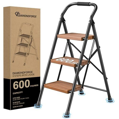 Step Ladder Foldable Folding Stool - for Home Adults Kitchen 3 Stepping Extension Tall Heavy Duty with Handrails - Closet Stepstool Stair Ladders Extendable Stepladder for Indoor House 600Lbs
