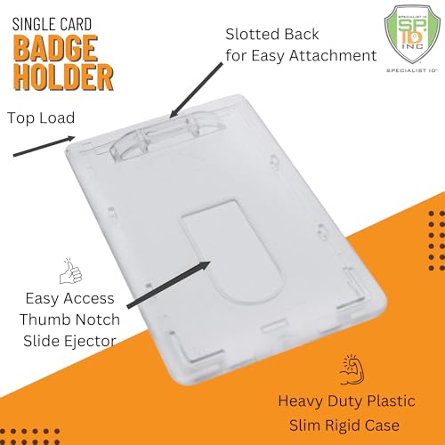 Bulk 50 Pack - Slim Heavy Duty Badge Holders - Hard Plastic Frosted Polycarbonate (Holds 1 Card) Rigid Top Load Single Card Case - Vertical Easy Access Thumb Slide & ID Protection by Specialist ID - size: 50 Pack