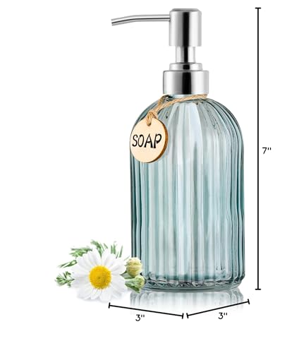 MOCLIF 16OZ Fashion Stripe Clear Glass Refillable Soap Dispenser with 304 Stainless Steel Pump Premium Soap Dispenser， for Kitchen, Bathroom, Hand Sanitizer, Liquid Soap, Lotion, etc. (Clear Blue) - color: Light Blue