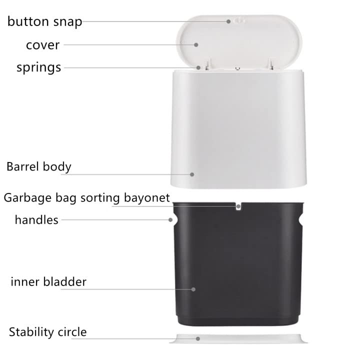 KLGO 2.4 Gallon Slim Plastic Trash Can Wastebasket,10 Liter Rectangular Double Barrel Garbage Container Bin for Bathroom,Bedroom, Kitchen and Office,Removable Liner Bucket,White
