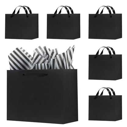 Offizon 12PCS Black Gift Bags with Stripe Tissue Small Bag 22x10x18cm - color: Small-Black3-12PCS