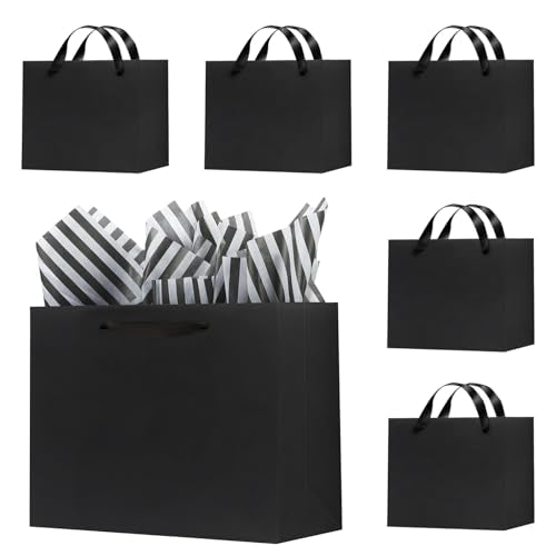 Offizon 12PCS Black Gift Bags with Stripe Tissue Small Bag 8.7x3.9x7.1in - color: Small-Black3-6PCS