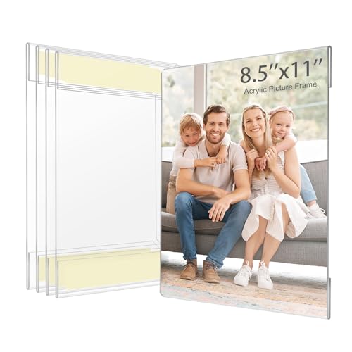8.5x11 Acrylic Picture Frame, Clear Frameless Photo Frame for Wall Mount, No Drilling Picture Frames with Tape, Pack of 5 Floating Hanging Picture Frames for Home, School, Office - size: 5 Pack 8.5 x 11 Inches