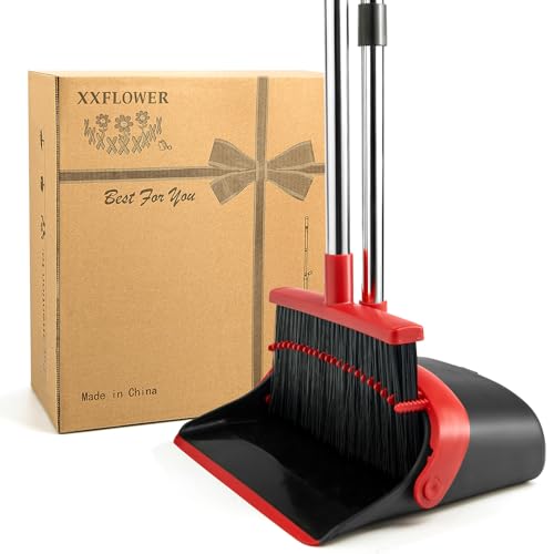 Broom and Dustpan Combo Set,Long Handle,Black Red - color: Black Red 1-pack